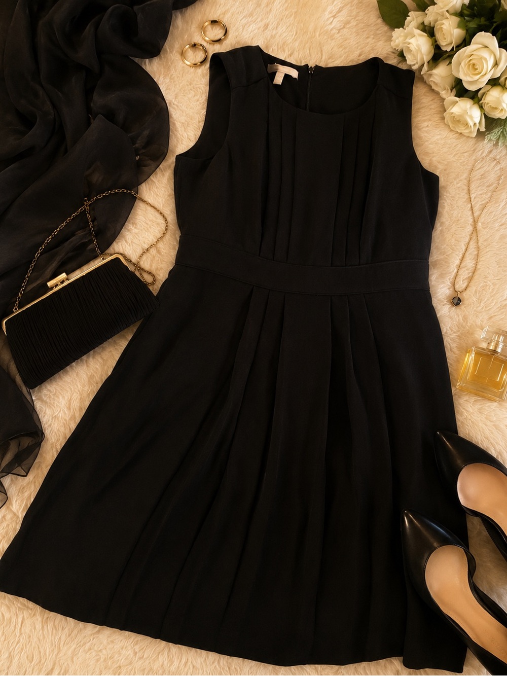 Banana Republic Black Pleated Sleeveless Dress